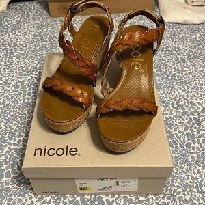 Nicole Brown Braided Platform Wedge Sandals Size 8